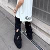American Retro Ripped Micro-horn Black Jeans Men and Women Vibe High Street Straight Couple Handsome Loose Trousers
