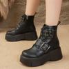 Studded Metal Buckle Wedge Booties Fashion Round Toe Side Zipper Platform Non-Slip Wear-Resistant High Heels