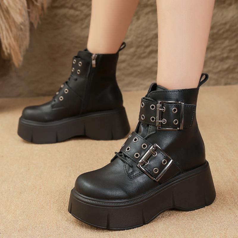 Studded Metal Buckle Wedge Booties Fashion Round Toe Side Zipper Platform Non-Slip Wear-Resistant High Heels