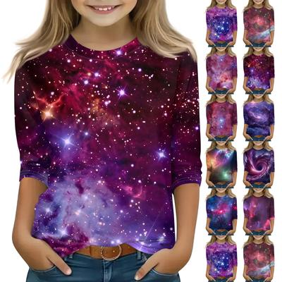Print Tops For Youth Girls 5-16 Years Round Neck 3/4 Sleeves T-Shirts Trendy Tops Outfit Tees