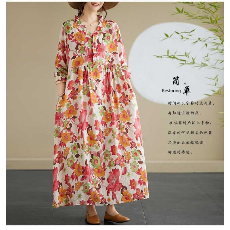 New Printed Loose Lace Long Sleeve Swing Long Dress