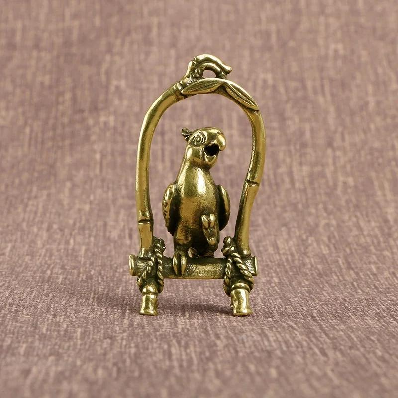 Animal Bird Key Chain Pendant Jewelry Decors Antique Copper Crafts Bird Cage Parrot Figurines Miniatures Desktop Ornaments Brass
