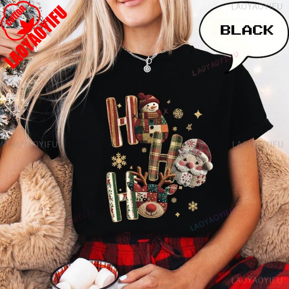 Retro Ho Ho Ho Christmas TShirt Patchwork SnowUnisex Santa Printed Shirt Christmas Reindeer TShirt Women Fashion Casual Clothing S