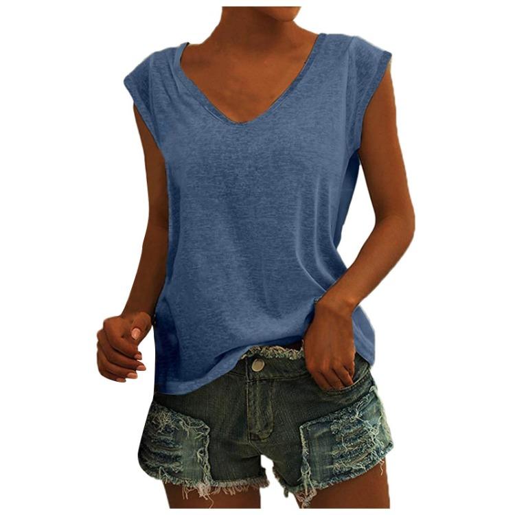 Damen Casual V-Ausschnitt Locker Geschnittenes T-Shirt Einfarbig Kurzarm Bluse Tanktops
