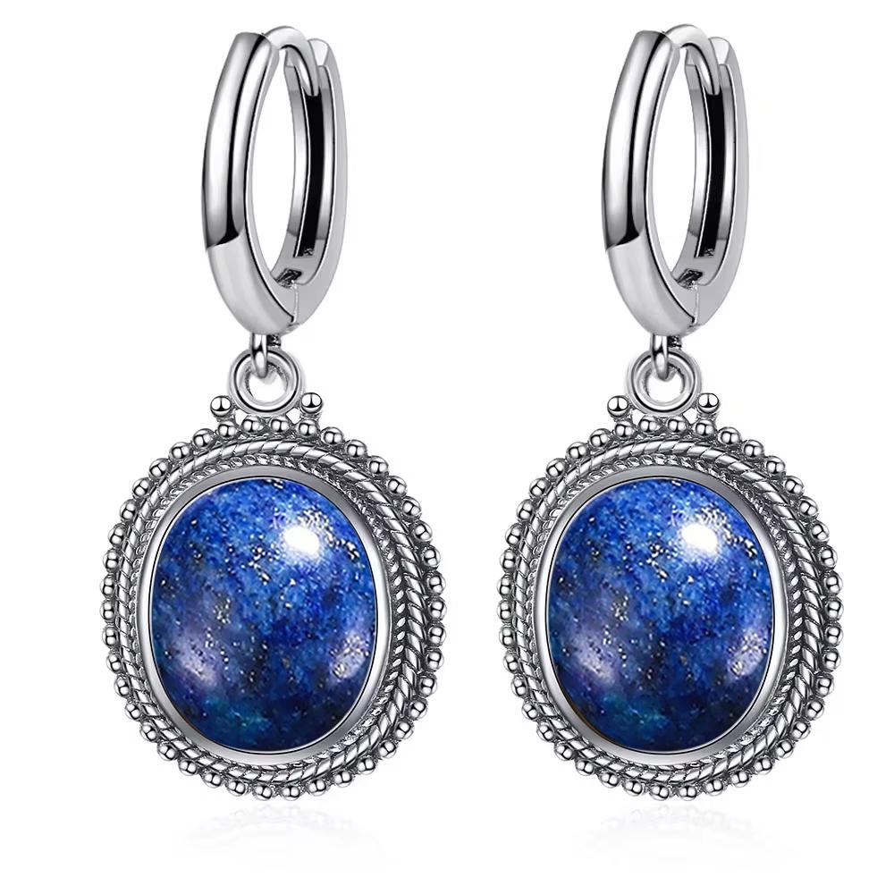 Vintage 925 Silver Natural Labradorite Earrings with Blue Light 10*12mm Big Stone Hoop Earrings Fine Jewelry for Women