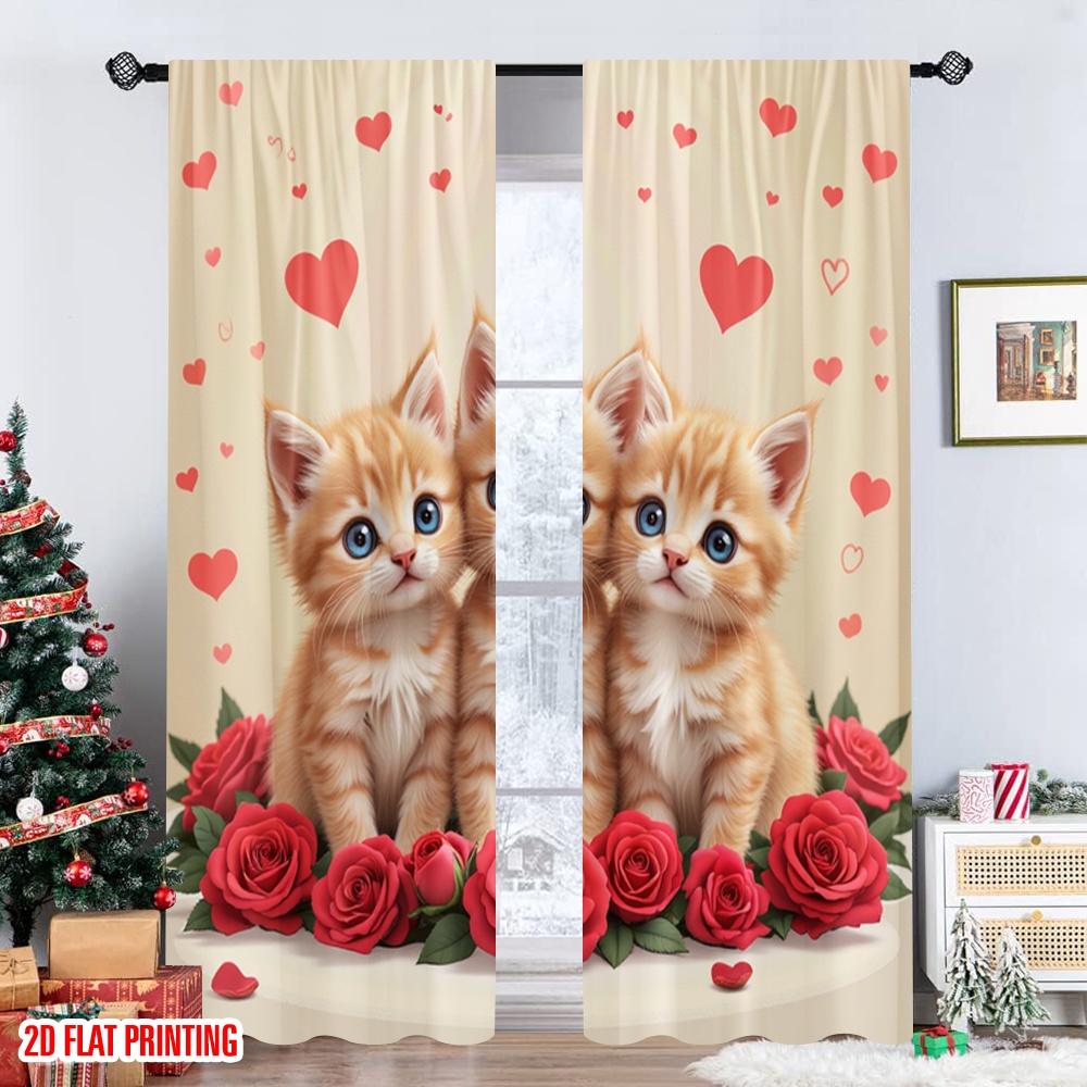 Flat Printing Scene Curtain Cute Kittens Red Roses Digital Printed Polyester Drapes Family Party Bedroom Living Curtains Set Of 2 Made Decor