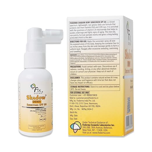 FIXDERMA Shadow Dewy Sunscreen Spf 50 Spray Pa+++, Prevents Tanning, Vitamin C Sunscreen And Niacinamide Sunscreen, Uva & Uvb Protection - 50Ml