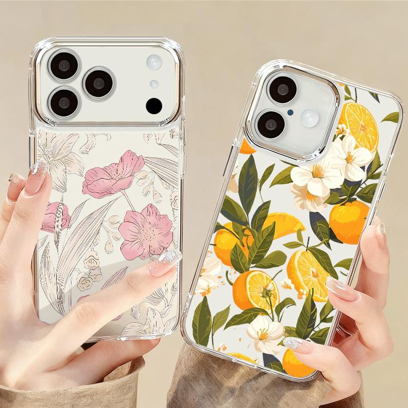Flowers Fruits Print Case For iPhone 17 18 Pro Max Plating Lens Clear Soft Cover For iPhone 16 15 14 13 Pro Max 17E
