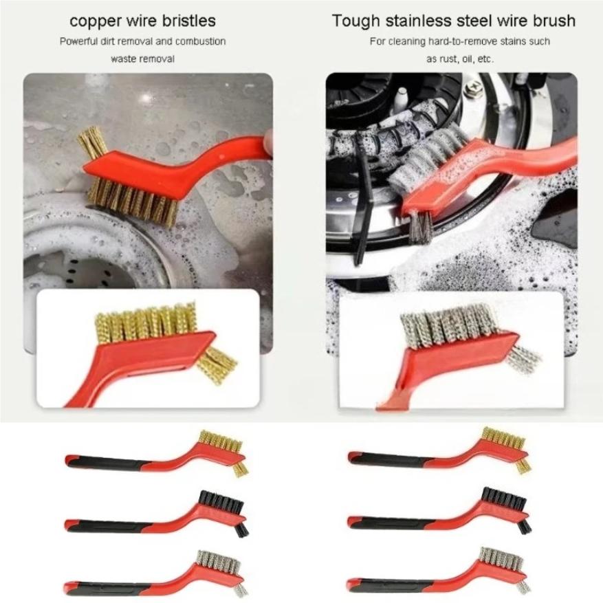 Drahtbürsten-Set Nylon/Messing/Edelstahlborsten mit gebogenem Griff für Rost-, Schmutz- und Farbentfernung Tiefenreinigung