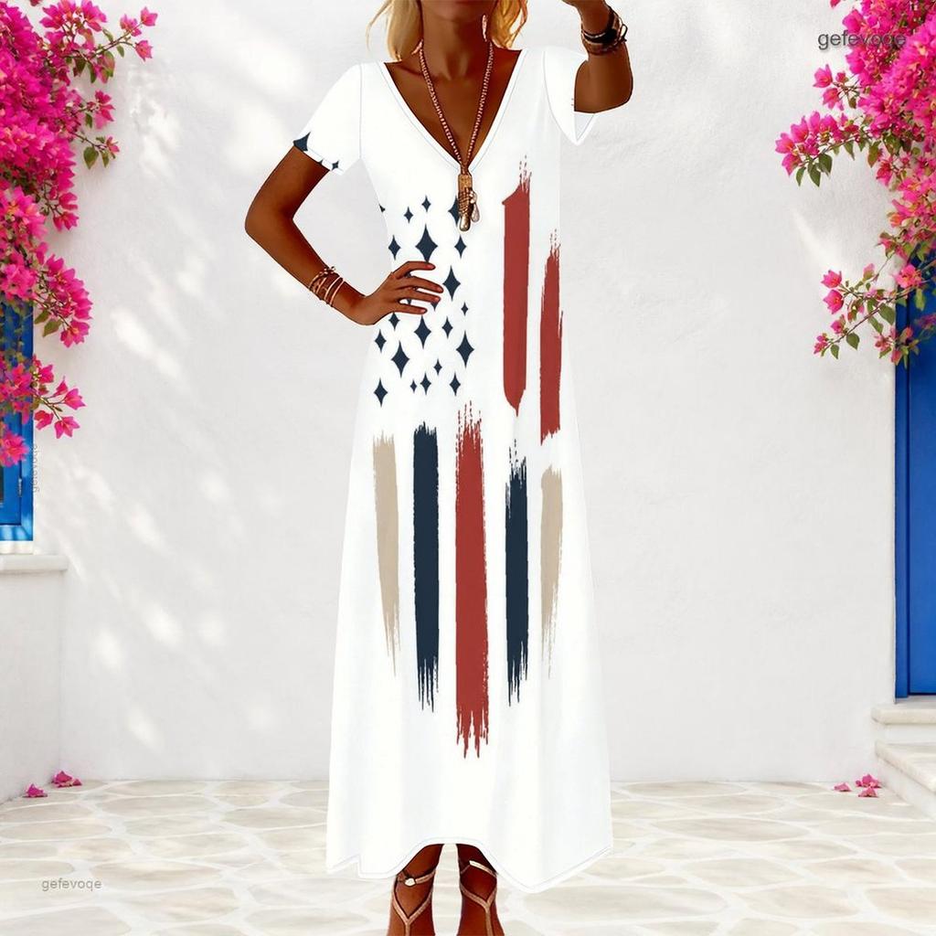 Women Plus Size V Neck Short Sleeve Loose Printed American Flag Long Maxi Dress
