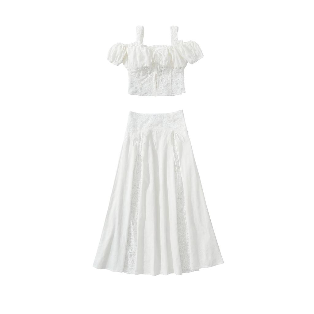 2026 Women's French Style Lace Patchwork Slim Camisole Top & High Waist Skirt Set