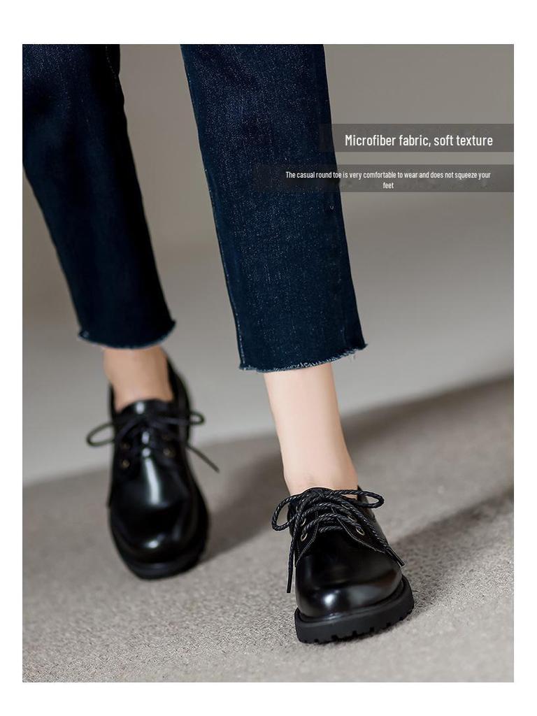 British Style Round Toe Women's Workplace Loafers - Lace-up, Thick Sole, Mid-Heel Leather Shoes