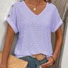 Ladies Summer V Neck Button Short Sleeve Breathable Hollow Solid Color Pullover T Shirt Top
