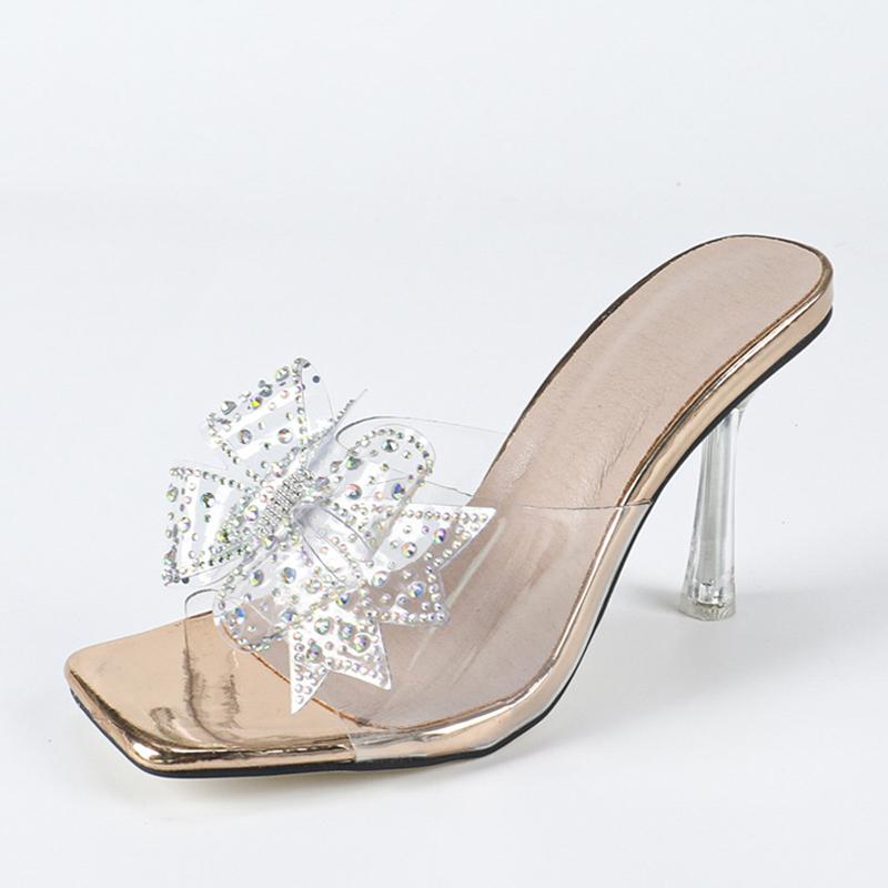 PVC Transparent Slippers For Woman Crystal Rhinestone Bowknot High Heels Clear Sandals Fashion Square Toe Party Prom Shoes
