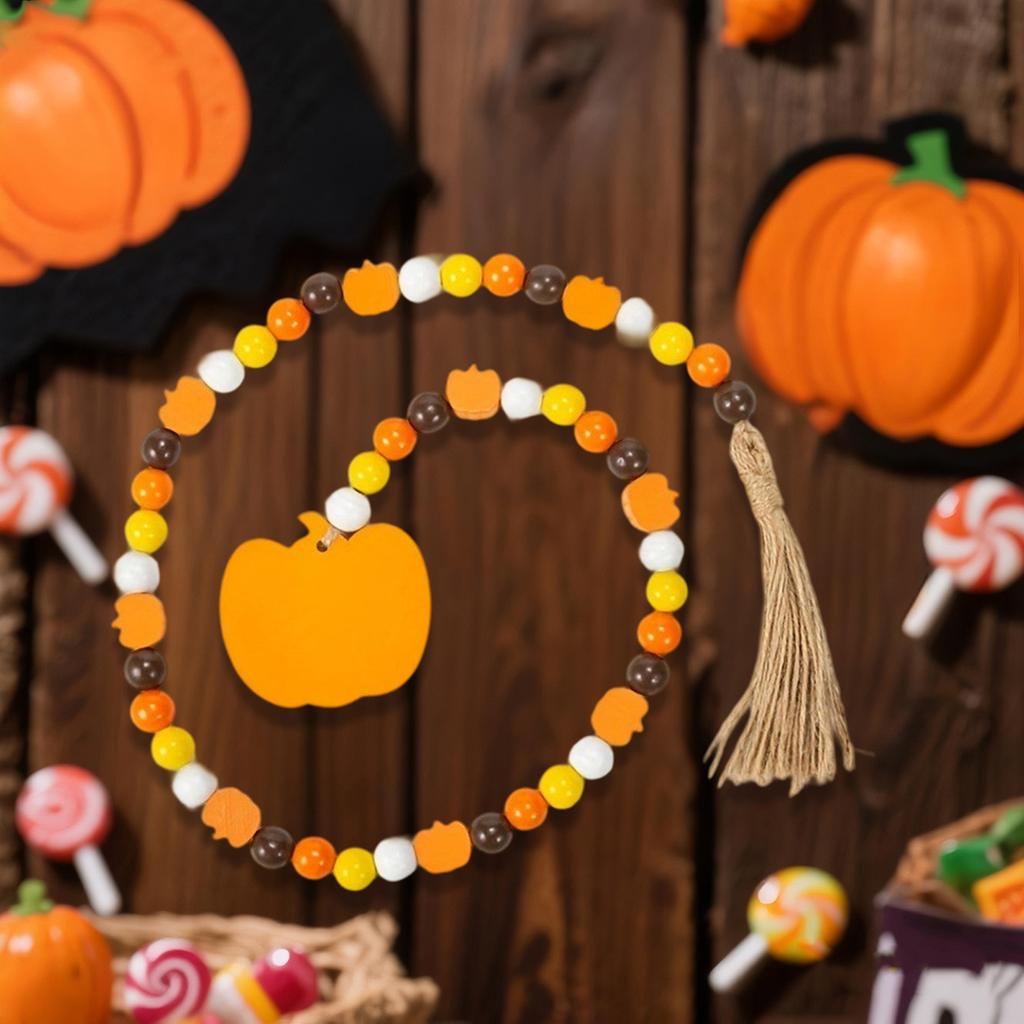 Rustic Wooden Bead Garland with Acorn Tassel and Pinecone Tag Autumn Tiered Tray Decor Hanging Ornaments for Fall Harvest Theme