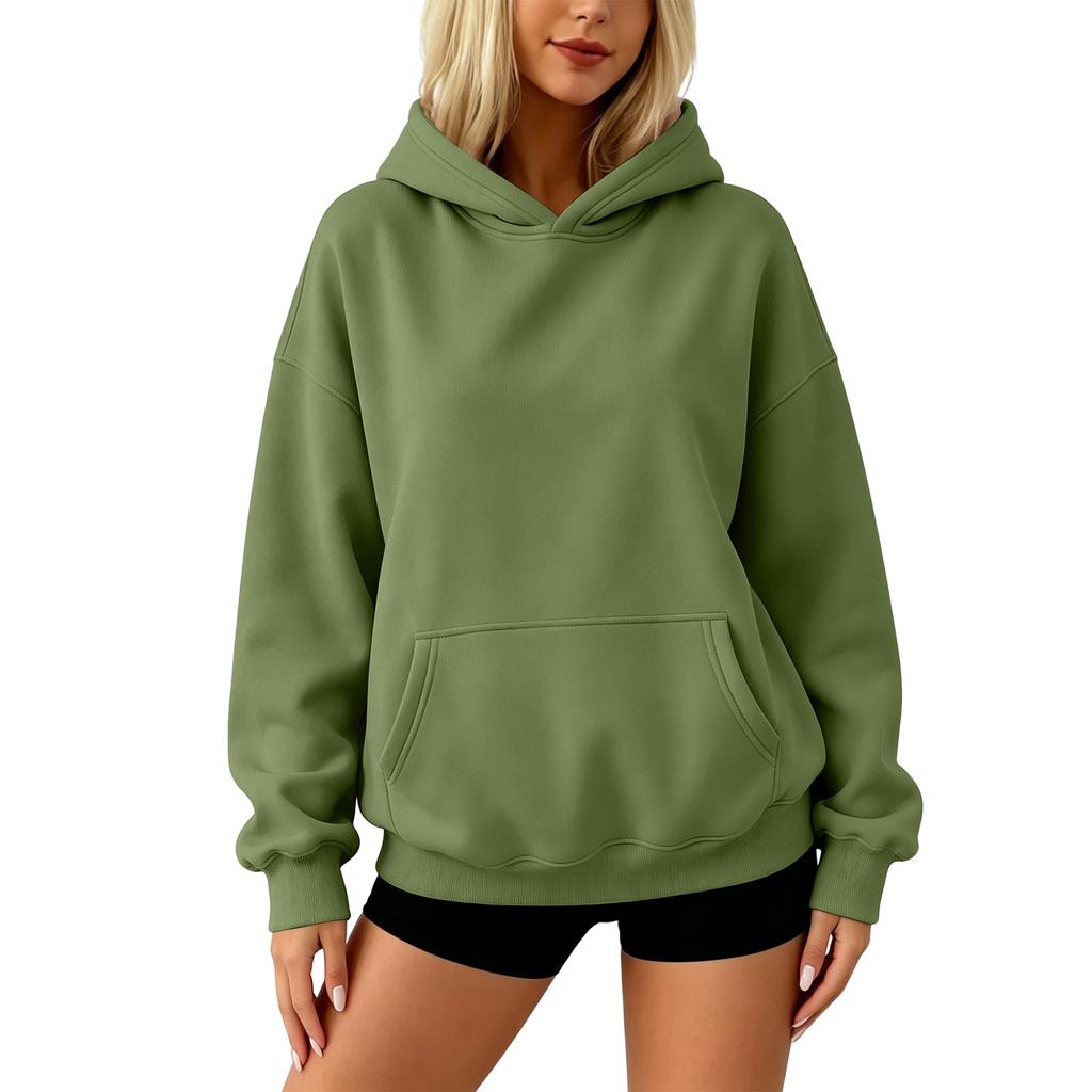 Felpa con cappuccio da donna a tinta unita con maniche lunghe e tasca anteriore, vestibilità larga, pullover per l'uso quotidiano casual