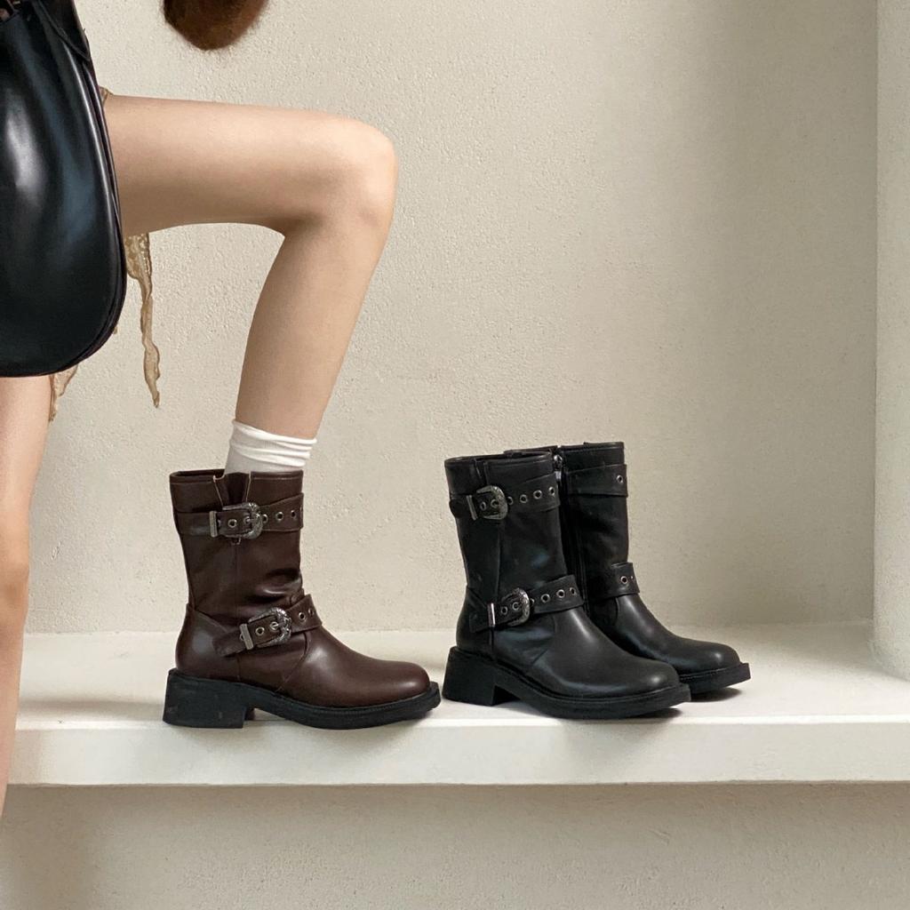 Coarse heel short boots female versatile fairy 2025 new double buckle British style western cowboy platform Martin boots