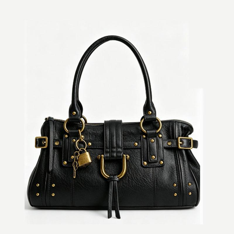 Women's New Y2K Millennium Style Large Capacity Tote Bag with Retro Design Lock Head Rivet Women's Handheld Underarm Bag