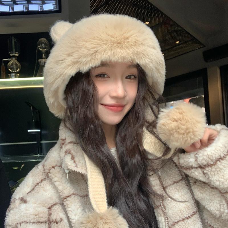 Autumn and Winter Hat Women's Fashion Plush Hat Bear Ears Cold Protection Ear Protection Fleece Thermal Hat