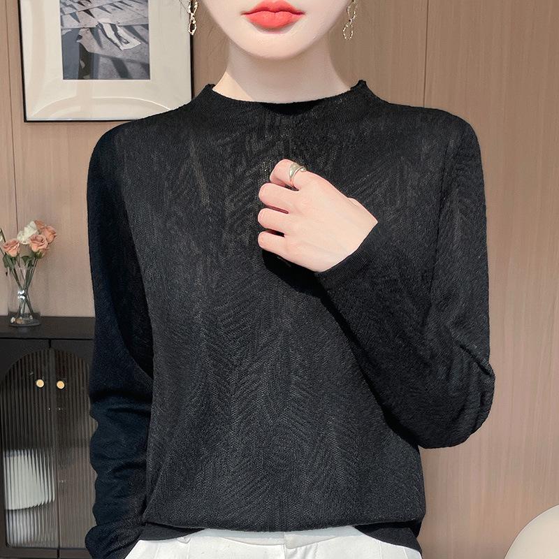 

Women s Fine Merino Wool Leaf Jacquard Long Sleeve Knitwear - 2025 Spring Collection L чорний