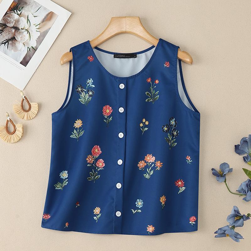 ZANZEA Women Floral Print Summer Casual Round Neck Sleeveless Tank Tops