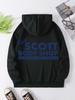 Retro‑print Men Hoodie Front Tiny Workshop‑text Motif, Back Oversized Vintage Distressed Letter Graphic Pullover For Soft Relaxed Casual Street Wear