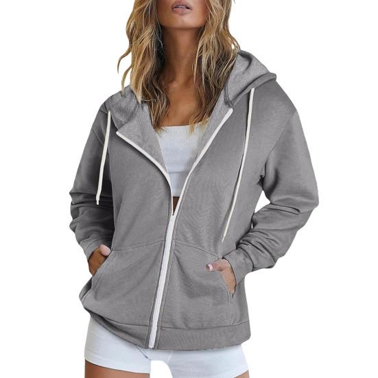 Sonbahar İlkbahar Kadın Mont Kapşonlu Bağcıklı Uzun Kollu Cepler Fermuarlı Elastik Manşet Etek Bol Spor Kapşonlu Günlük Giyim Ceket