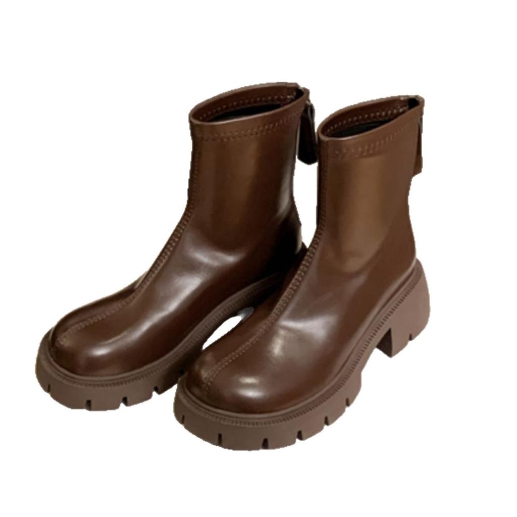 Elastic Small Short Boots Thick Heel Round Head Velvet Thick-soled Martin Boots Women's 2025 Autumn and Winter New Soft Leather Thin Boots