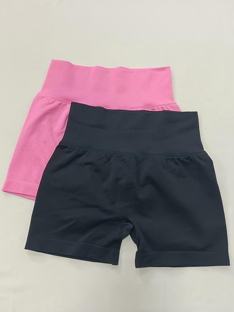 Women's Embroidered Letter Knitted Yoga Shorts with Tummy Control, Solid Color, Breathable Fabric, and Spliced Waist Design.