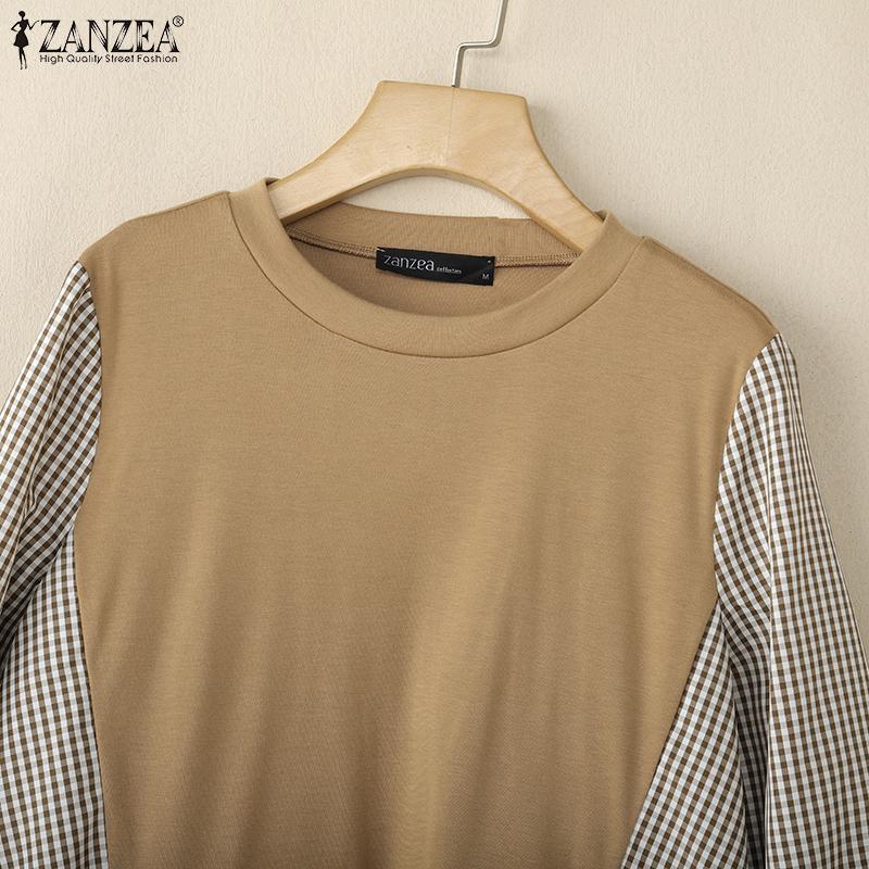 ZANZEA Women Casual Round Neck Plaid Print Long Sleeve Blouse