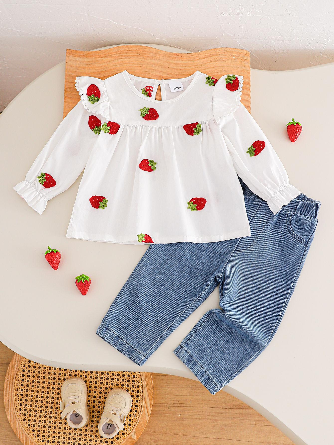Girls Spring Autumn Strawberry Print Denim Set Casual Trendy Two Piece Outfit Kids Clothing Fashion Jeans And Top 12-18M белый