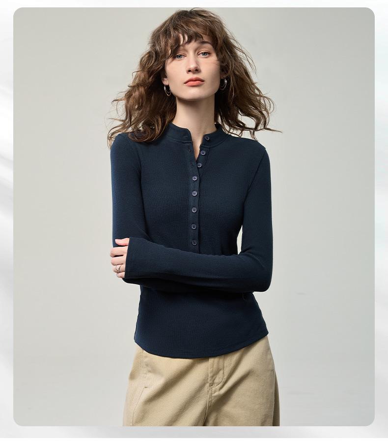 2025 Autumn Women's Long Sleeve Henley Top - Slim Fit Knit with Button Detail