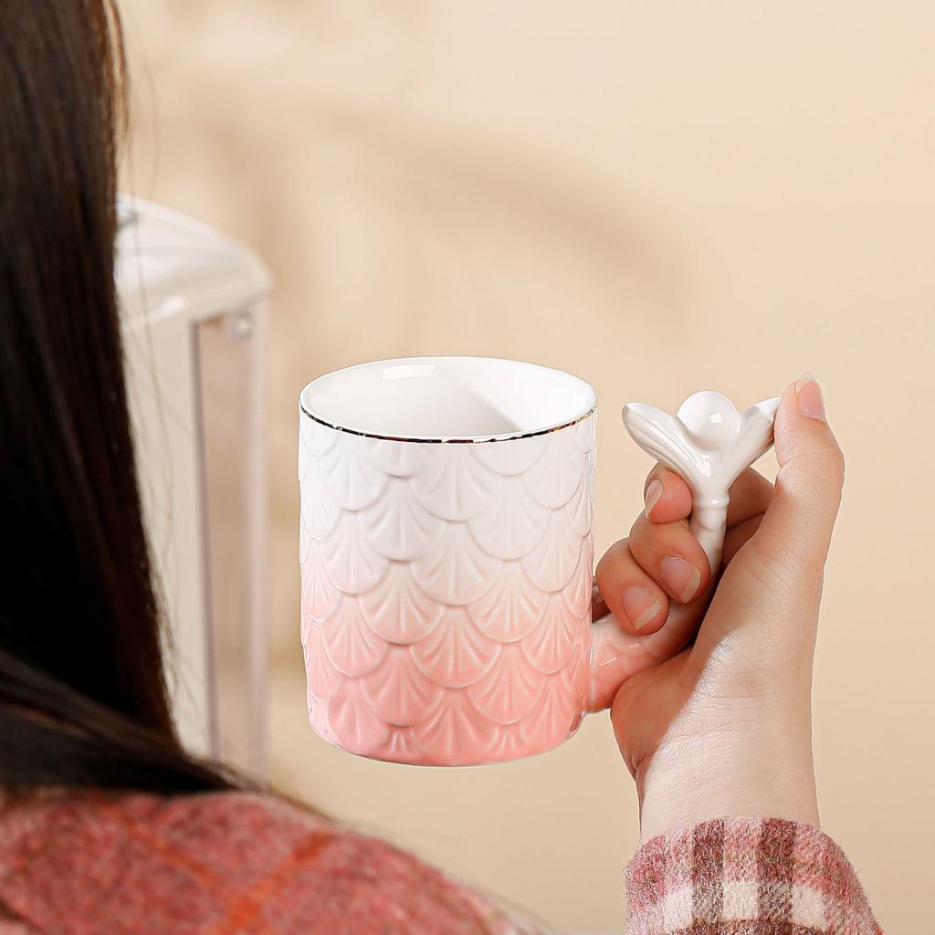 Creatieve Mok met Reliëf van Zeemeerminschubben Hoge Precisie Enkele Kop met Handvat Waterbeker Verloopbeker Kantoorbeker Souvenir Cadeau