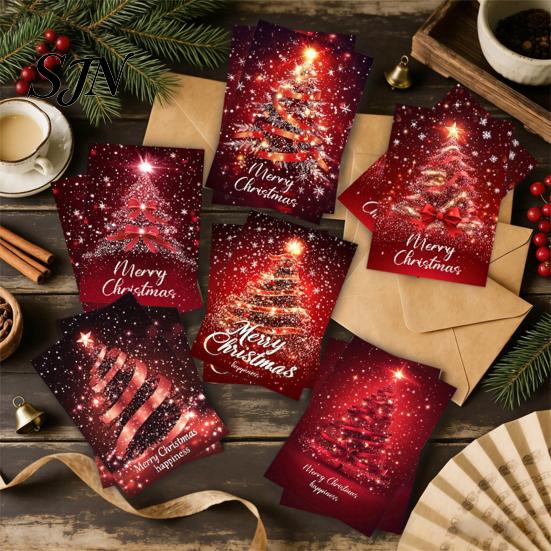 Personalized Holiday Cards for Gifts 6 Pcs Christmas Tree Greeting Cards, Merry Sparkly Festive Gift with Envelopes Winter, Xmas Party Supplies