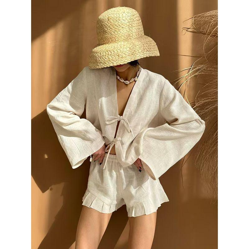 

Western Style Fashion Casual Lace-up Cardigan Top Shorts Set Lace up Top and Shorts Set White S