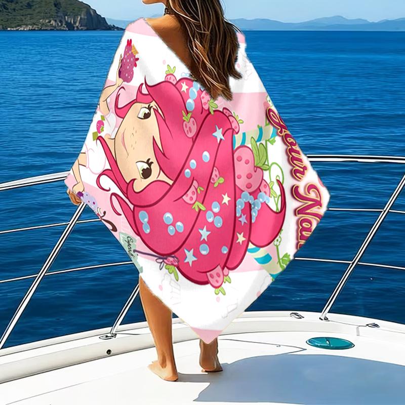 1pc Princess Strawberry Beach Towel with Custom Name, Beach and Seaside Swimming Pool Equipment, Fashion Pattern, Rectangular, Travel Essential