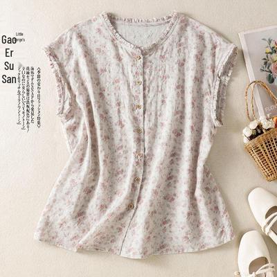 2026 Retro Printed Ruffled Cotton-Linen Plus Size Short-Sleeve T-Shirt