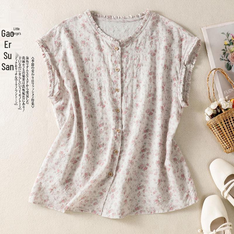 2026 Retro Printed Ruffled Cotton-Linen Plus Size Short-Sleeve T-Shirt M