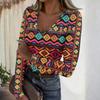Women's Casual V-Neck Ribbed Long Sleeve Top with Leopard and Polka Dot Print for Everyday Wear