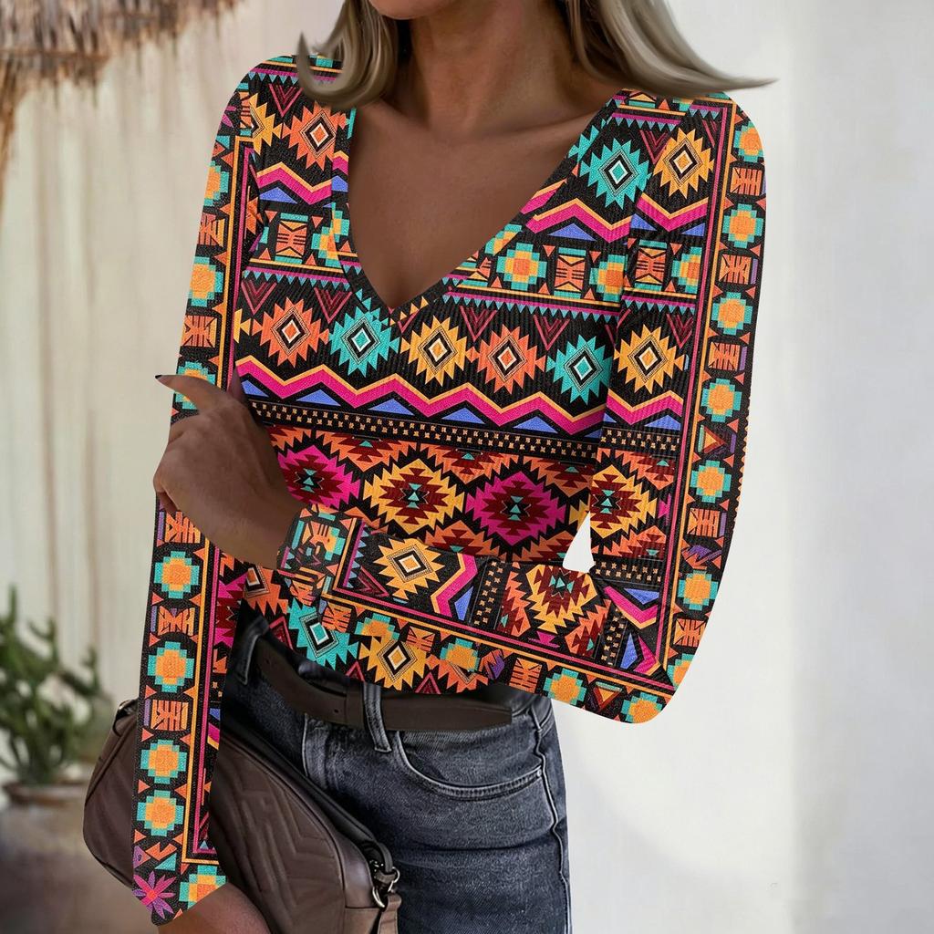 Women's Casual V-Neck Ribbed Long Sleeve Top with Leopard and Polka Dot Print for Everyday Wear
