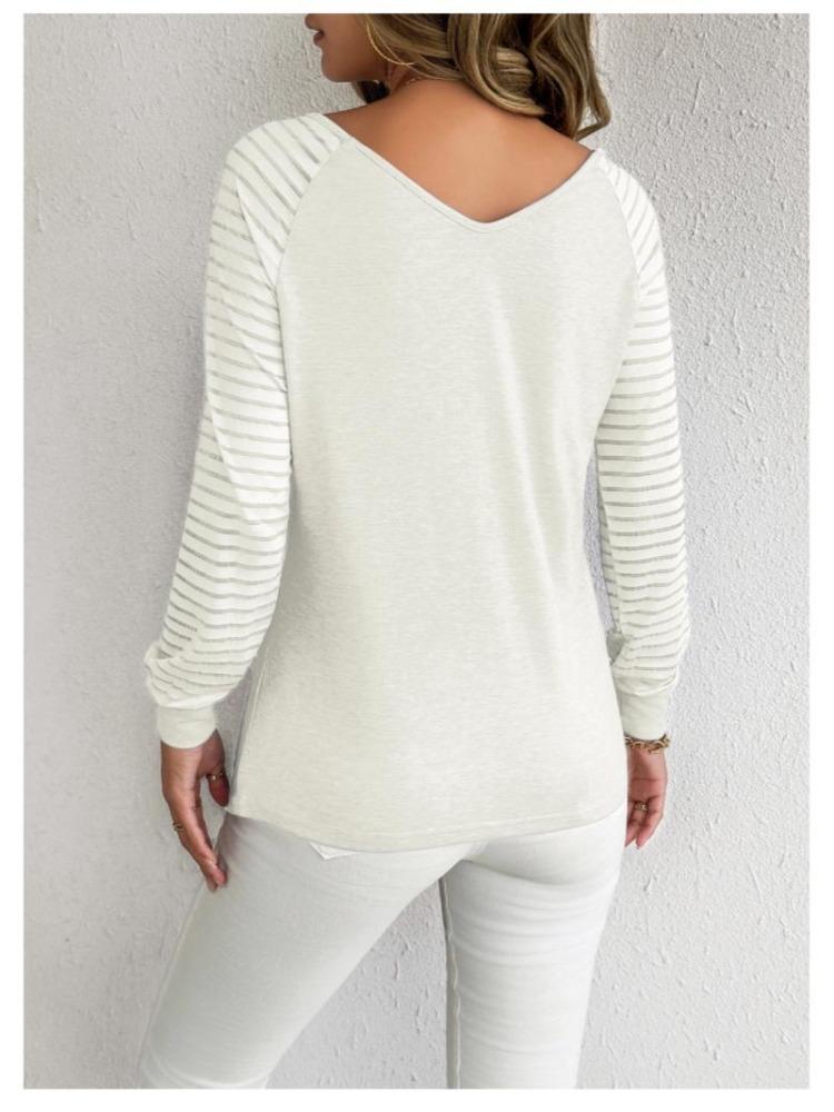 Women Casual Fashion Loose Fit Large Size Long Sleeve V Neck Striped Top Spring Autumn