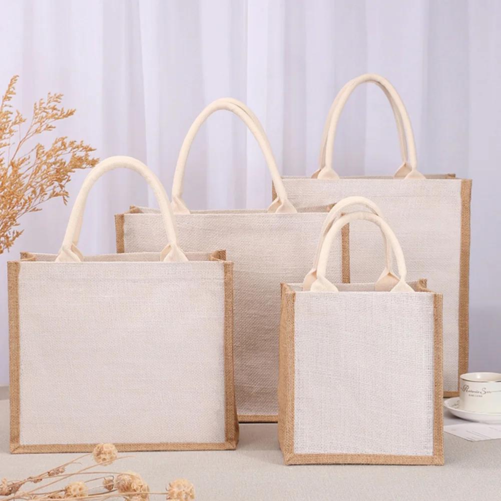 Burlap Jute Tote Shopping Bag Women Vintage Reusable Grocery Shopper Bag Wedding Birthday Gift Bag Handmade Bags Ladies Handbags