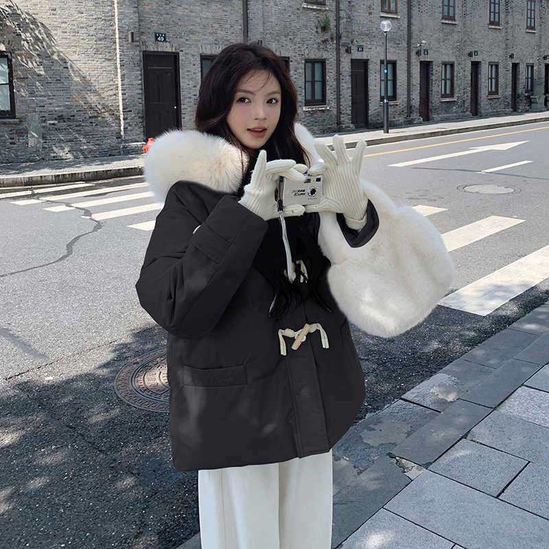 Women's Autumn and Winter Coat Solid Color Horn Button Hooded Fur Collar Loose Thickened Windproof Women's Jacket