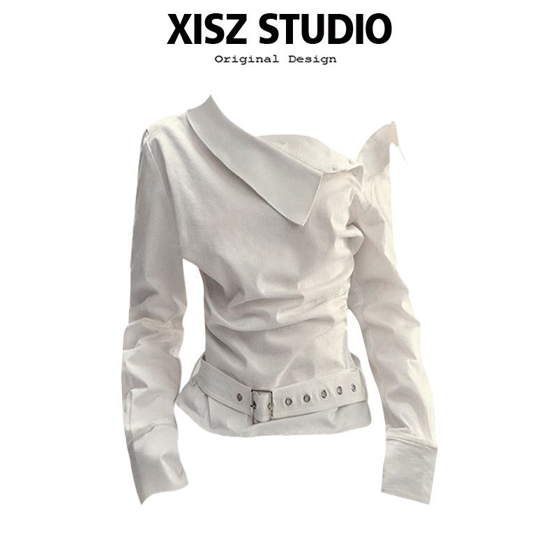 French-Style Design Off-Shoulder Ruched Belt Short Shirt for Women, New Spring Niche Slim-Fit Versatile Top Cream White [High Quality] S