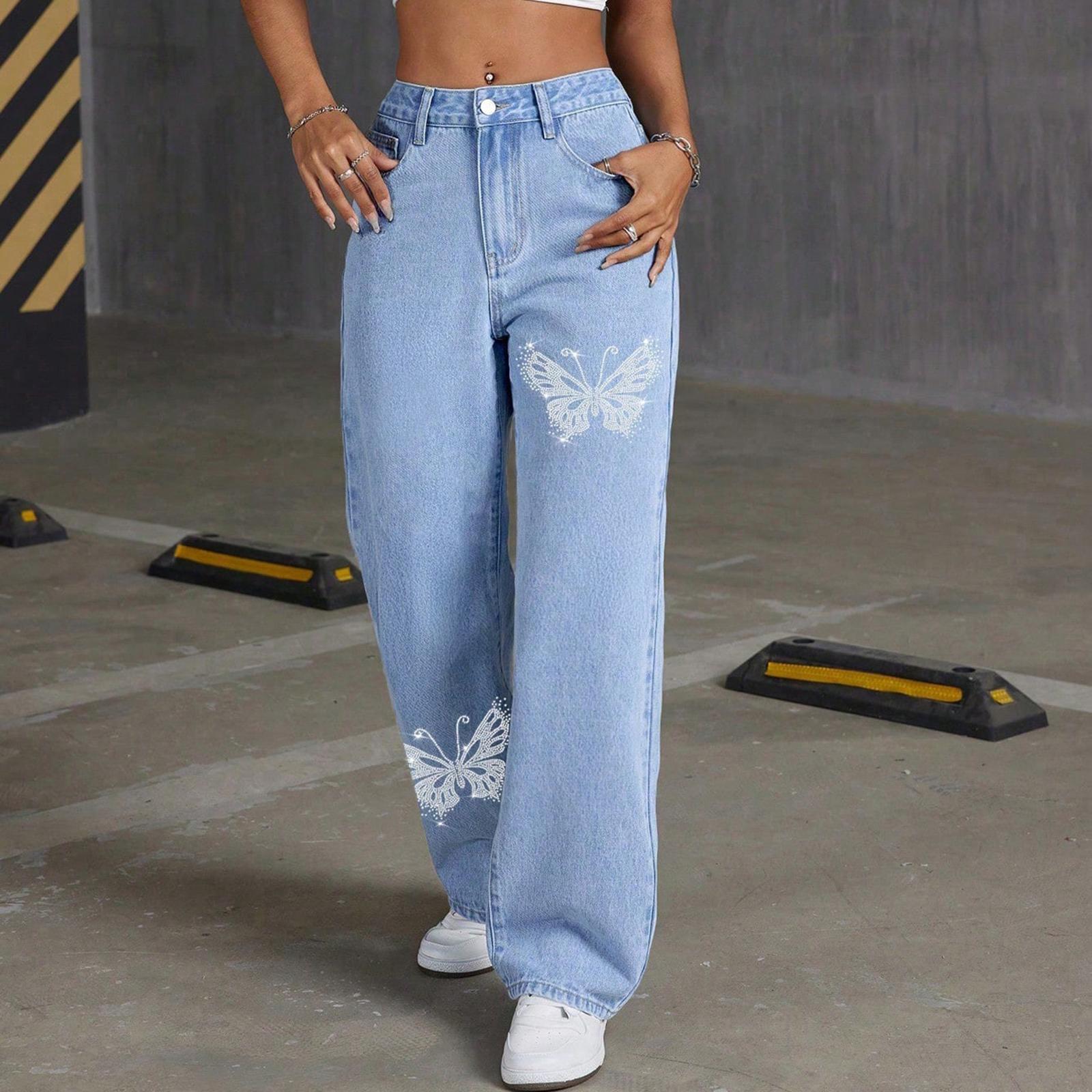 

Женские потертые женские джинсы с высокой талией Модные универсальные прямые брюки XL светло-синий