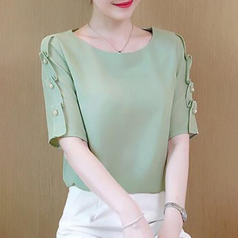 VONDA Women's Summer Casual Round Neck Lotus Leaf Pearl Short Sleeve Solid Color Loose Blouse