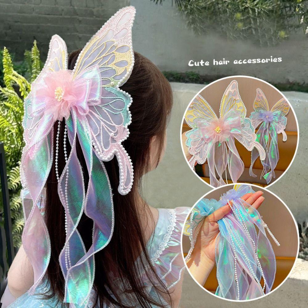 New Big Butterfly Bow Clip Ribbons Metal Spring Buckle Hair Clip Long Tail Princess Style Woven Hair Strap Girl