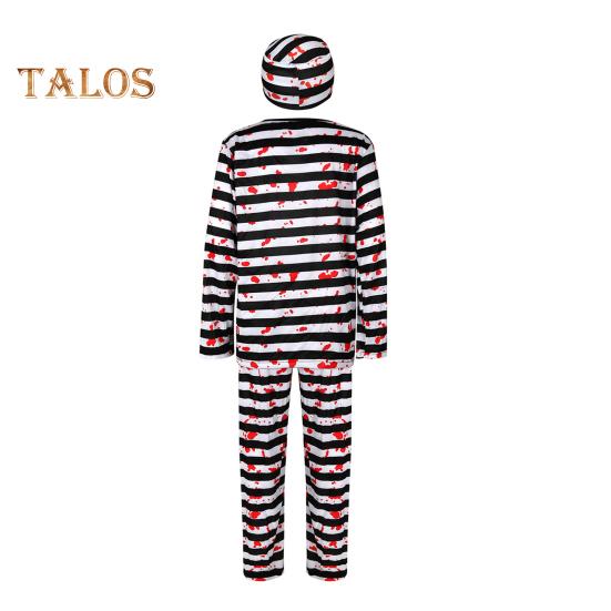 Set 4 Pezzi/Set Costume da Prigioniero per Adulti Bambini di Halloween con Stile Classico a Robe Stampa a Righe Role-Playing Top Pantaloni Cappello Set Catena