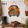 Orange Maple Leaf Ornament Hello Fall Wooden Hanging Sign, Retro Plaid Pickup Truck Ornaments, Wall Pendant Autumn Harvest Party Supplies with Pumpkin