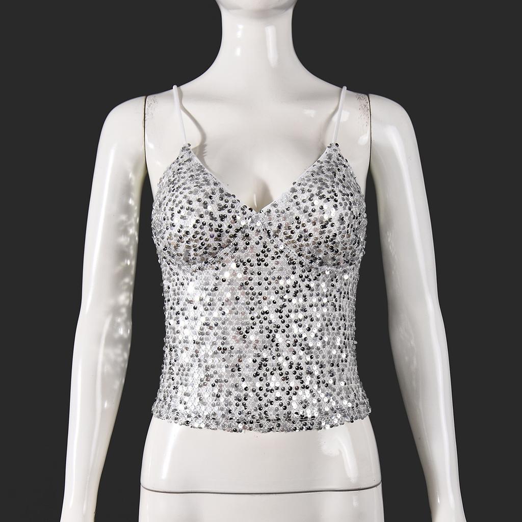 Women's beads, new shoulder straps, sleeveless hollow back, double-layer cover, European and American suspender tops, women